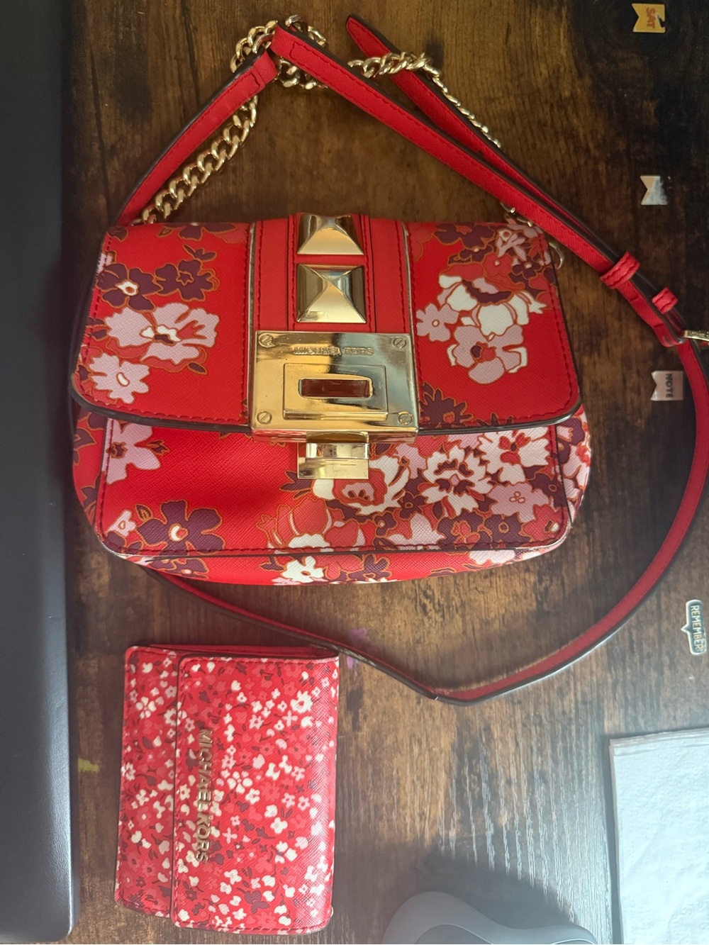 Michael Kors Red Floral Crossbody Bag with Gold Hardware